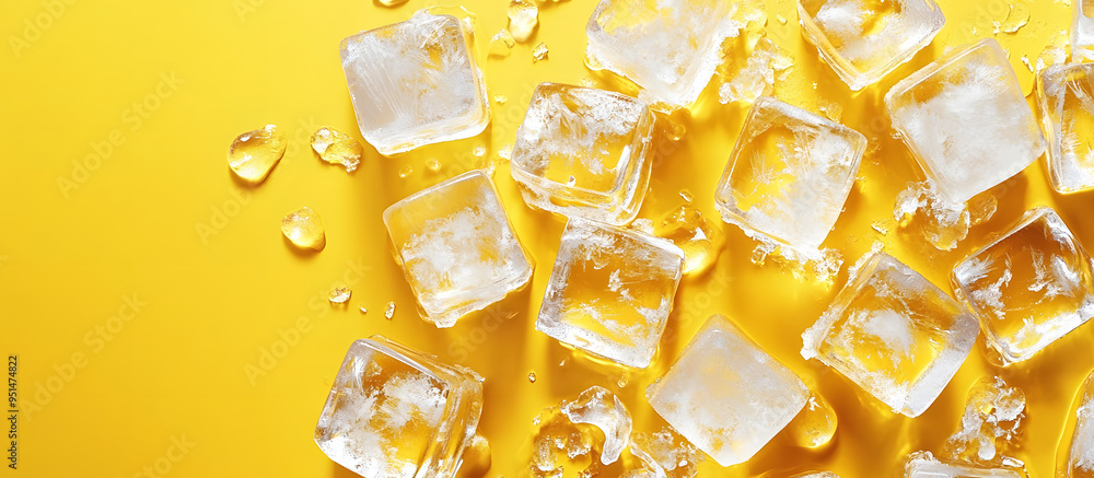 Poster flat lay of transparent ice cubes on a yellow backdrop with ample copy space image