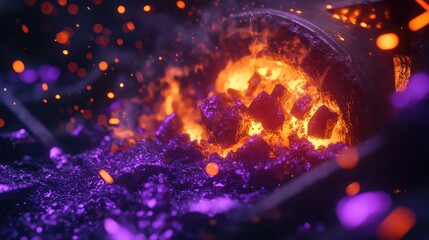 Obraz premium Hyper-realistic 3D scene with worn steel, carbon fiber shapes, deep purple and orange colors, glowing purple sparks, and incandescent ashes.
