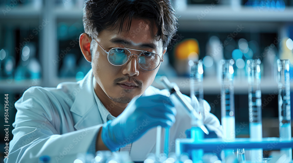 Aufkleber Asian Chinese lab chemist doing a lab test using high tech equipment. Generative AI.