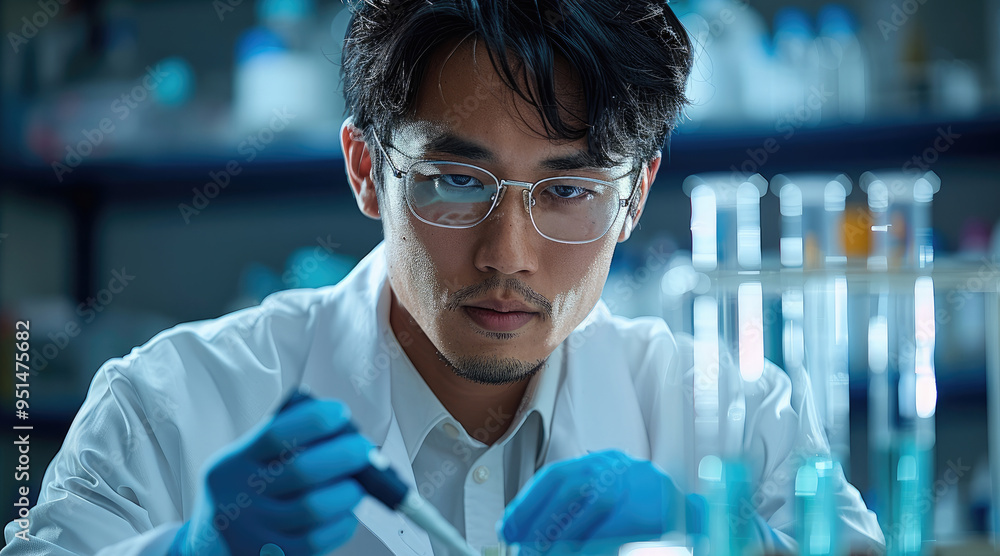 Aufkleber Asian Chinese lab chemist doing a lab test using high tech equipment. Generative AI.