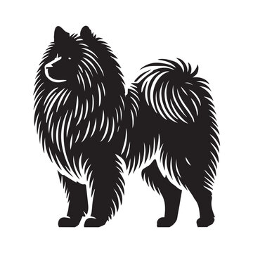 Keeshond Dog Standing silhouette - standing dog side view Vector illustration in black and white
