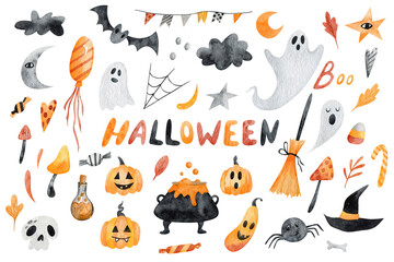 Collection of halloween elements in cartoon style. Ghost, pumpkins, autumn leaves, mushrooms, skulls and bones watercolor illustrations on a white background.