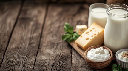 Organic dairy products including milk, cheese, and yogurt in a rustic setting, natural and healthy eating