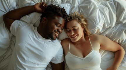 Top view of black man and beautiful chubby white woman on bed 