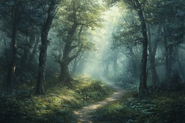 A serene forest path surrounded by tall trees and gentle light. This image captures the tranquility of nature, creating a peaceful atmosphere. Generative AI