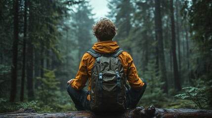Young man resting in a peaceful forest clearing with a backpack