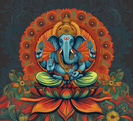 Fototapeta premium A depiction of Lord Ganesh in meditative pose surrounded by floral and mandala designs