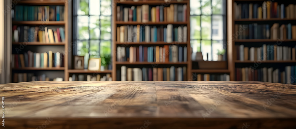 Poster home library room with vintage bookshelf showcasing a product on a wooden table top with a blurred b