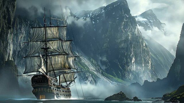 A lone ship sails through a misty fjord, towering cliffs rising on either side