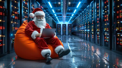 In a Data Center Santa Claus sits in an orange bean bag with a laptop