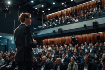 Speaker giving a talk on corporate Business Conference audience hall architecture.