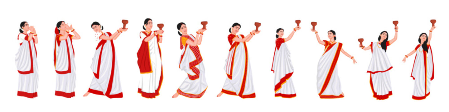 Illustration of Bengali women performing Dhunuchi dance, dressed in traditional sarees with incense holders. Durga Puja Dhunuchi Naach