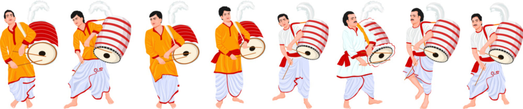 Illustration of traditional Dhakis playing large Dhak, wearing ethnic attire, symbolic of Durga Puja celebrations, Durga Puja Dhaki 