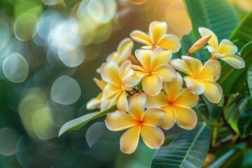 Plumeria flower on bokeh nature background. ai generated