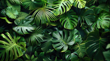 Tropical leaves, A lush, green wallpaper with tropical leaves and plants, creating a fresh and vibrant atmosphere. top view. Generative AI.