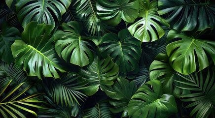 Tropical leaves, A lush, green wallpaper with tropical leaves and plants, creating a fresh and vibrant atmosphere. top view. Generative AI.