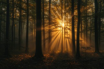 Golden Light Rays Piercing Through a Misty Forest