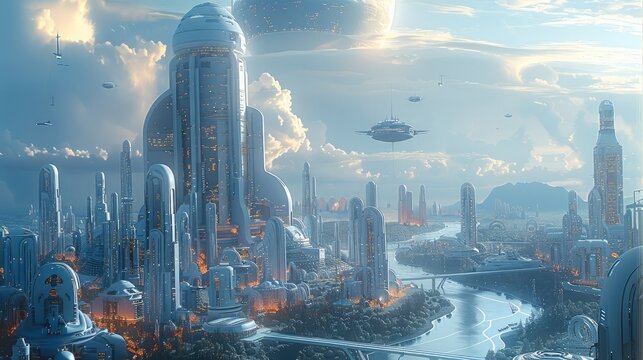 A highly developed futuristic city with advanced technology. The skyline is filled with towering smart buildings connected by skywalks and an aerial transportation. Generative AI.
