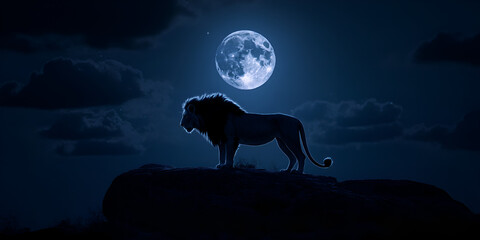 Lion Silhouetted Against Full Moon