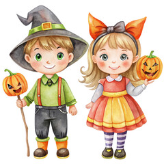 Two children, a boy in a witch costume and a girl in a pumpkin costume, are smiling and holding pumpkins. The boy is holding a stick with a jack-o-lantern on it. They are both wearing adorable Hallowe