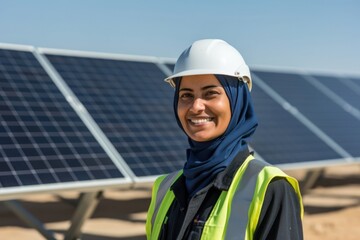 Obraz premium A solar Iranian woman worker smiles in front of solar panels hardhat helmet environmentalist.
