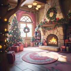 Obraz premium Cozy christmas living room decor with tree, fireplace, and festive wreaths for holiday inspiration