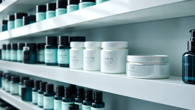 A shelf in a store displaying various beauty products, with an emphasis on skincare bottles in the foreground.