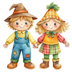A charming watercolor illustration depicting a young boy and girl dressed in autumnal attire. They are holding hands and smiling, symbolizing friendship, love, and the joy of the season.