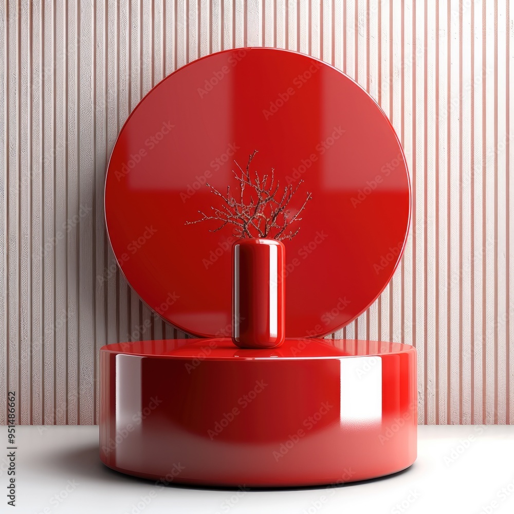 Poster red cylindrical podium flying object 3d. generative ai.