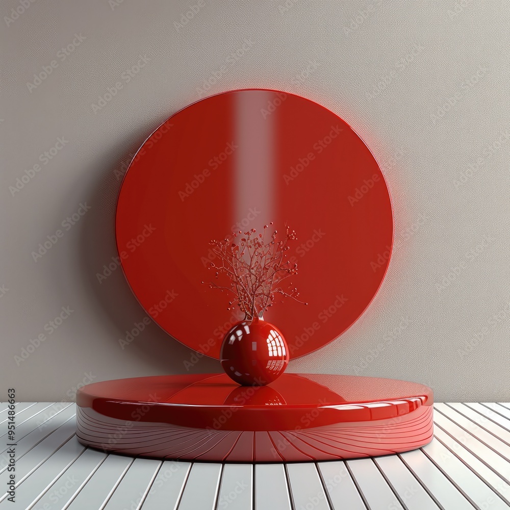 Poster red cylindrical podium flying object 3d. generative ai.