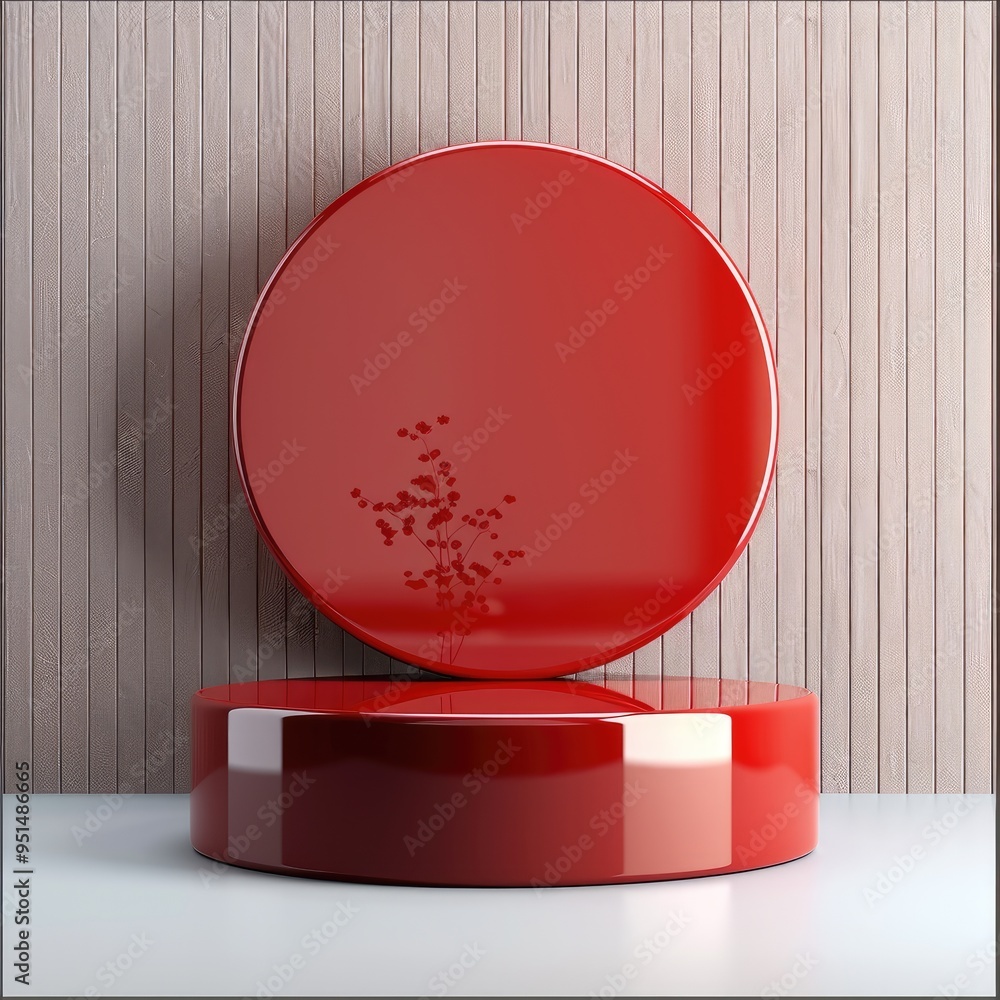 Poster red cylindrical podium flying object 3d. generative ai.