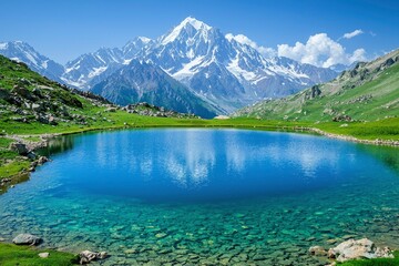 Mountain Lake with Clear Blue Water and Snow-Capped Peaks