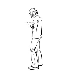 Sketch of a girl with a smartphone, Young woman with a bob hairstyle, in pants and a jumper standing and using a mobile phone, Side view, Vector hand drawn illustration isolated