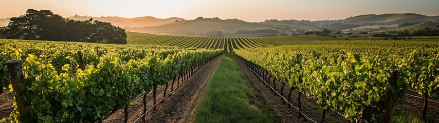 Fototapeta premium Expansive view of lush vineyard rows under the warm glow of a setting sun, with rolling hills fading into the horizon.