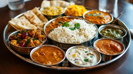 A beautifully arranged plate of Indian thali, with a variety of dishes including curry, rice, and bread, showcasing the richness and diversity of Indian cuisine.