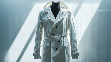 A white trench coat with a hood is elegantly displayed on a mannequin in a studio, highlighting classic fashion.