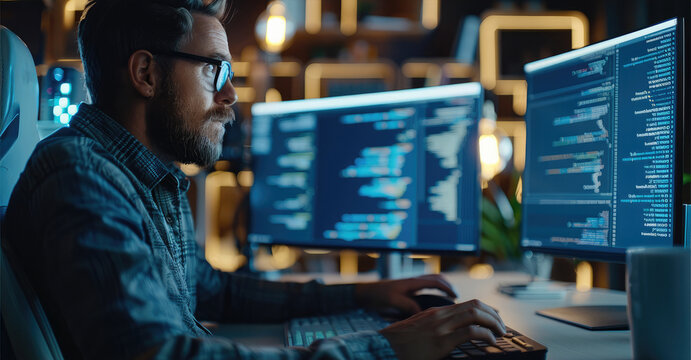 A software developer coding on a computer. the code on the screen. Generative AI.