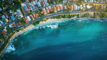 A bird's-eye view of a town by the ocean, with houses lined up along the coast and the deep blue sea in the background.