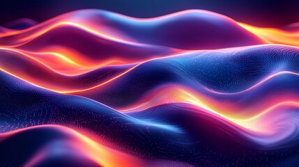 Dynamic abstract waves with a neon glow in vibrant shades of purple, orange, and blue, creating a mesmerizing digital composition.