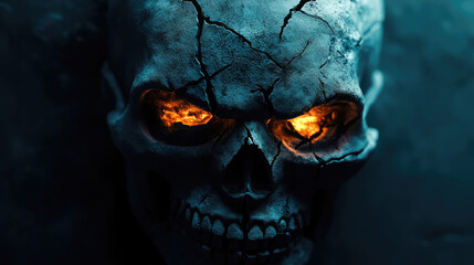 A chilling mask featuring skeletal, cracked features and hollow eye sockets, illuminated by glowing red eyes.