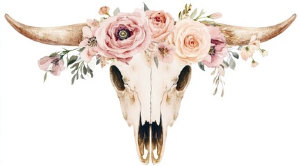 Naklejka premium A boho bull skull decorated with watercolor flowers in soft pinks and beiges, standing out against a transparent background.
