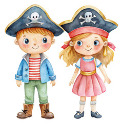 Two cute kids dressed as pirates, a boy with a blue jacket and a girl with a pink dress, both wearing iconic pirate hats with skull and crossbones.