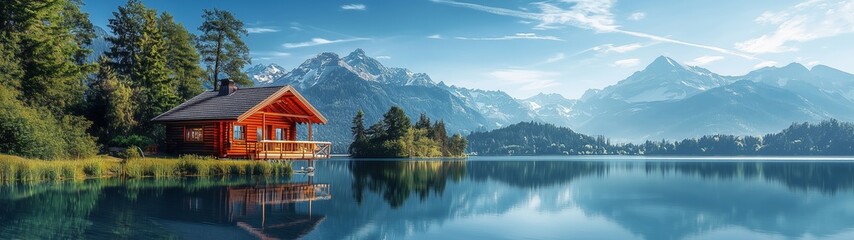 Fototapeta premium A peaceful mountain lake with a rustic wooden cabin on the shore, surrounded by trees and majestic mountains.