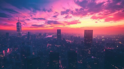 Fototapeta premium A breathtaking view of a city skyline at dusk, with skyscrapers illuminated against a vibrant, multicolored sky as the last light fades.