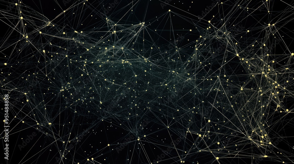 Poster a broad digital network illustration, with lines and nodes expanding across a dark background, symbo