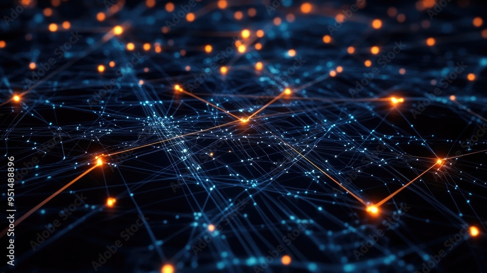 Poster a broad digital network illustration, with lines and nodes expanding across a dark background, symbo