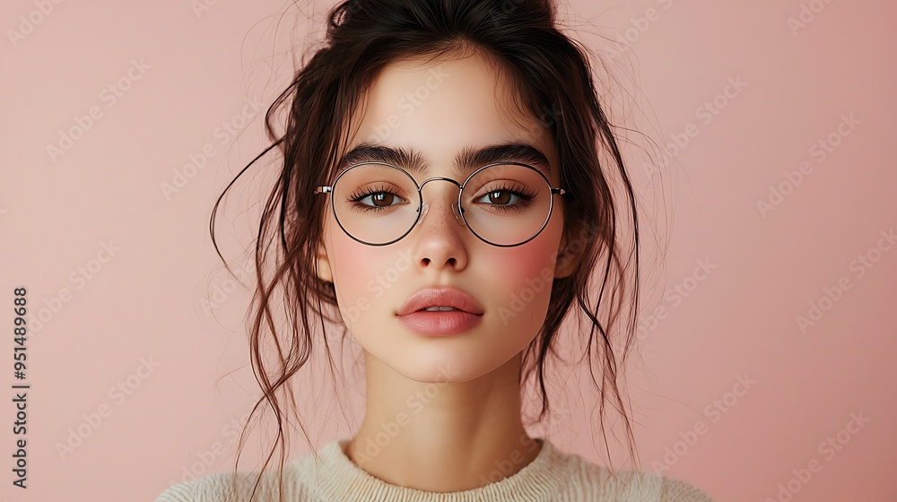 Poster a young woman with glasses looks directly at the camera, her casual style enhanced by a soft pink ba