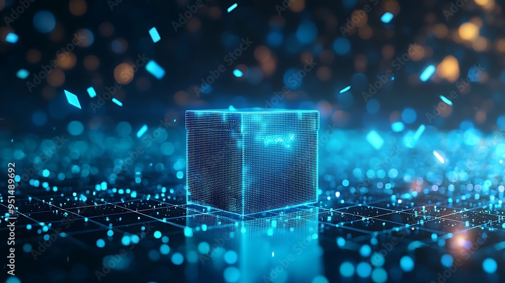 Poster an abstract blue digital cube sparkles with bokeh lights, blending technology with art.