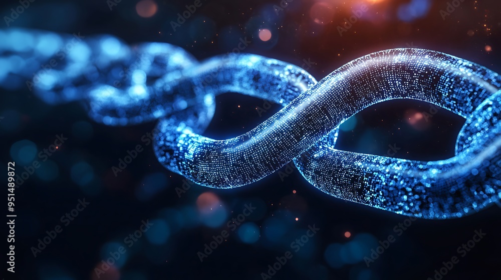 Aufkleber an abstract digital chain link glows blue, symbolizing connection and security in a digital world.