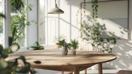 Bright dining area with natural light, wooden table, chairs, and lush indoor plants